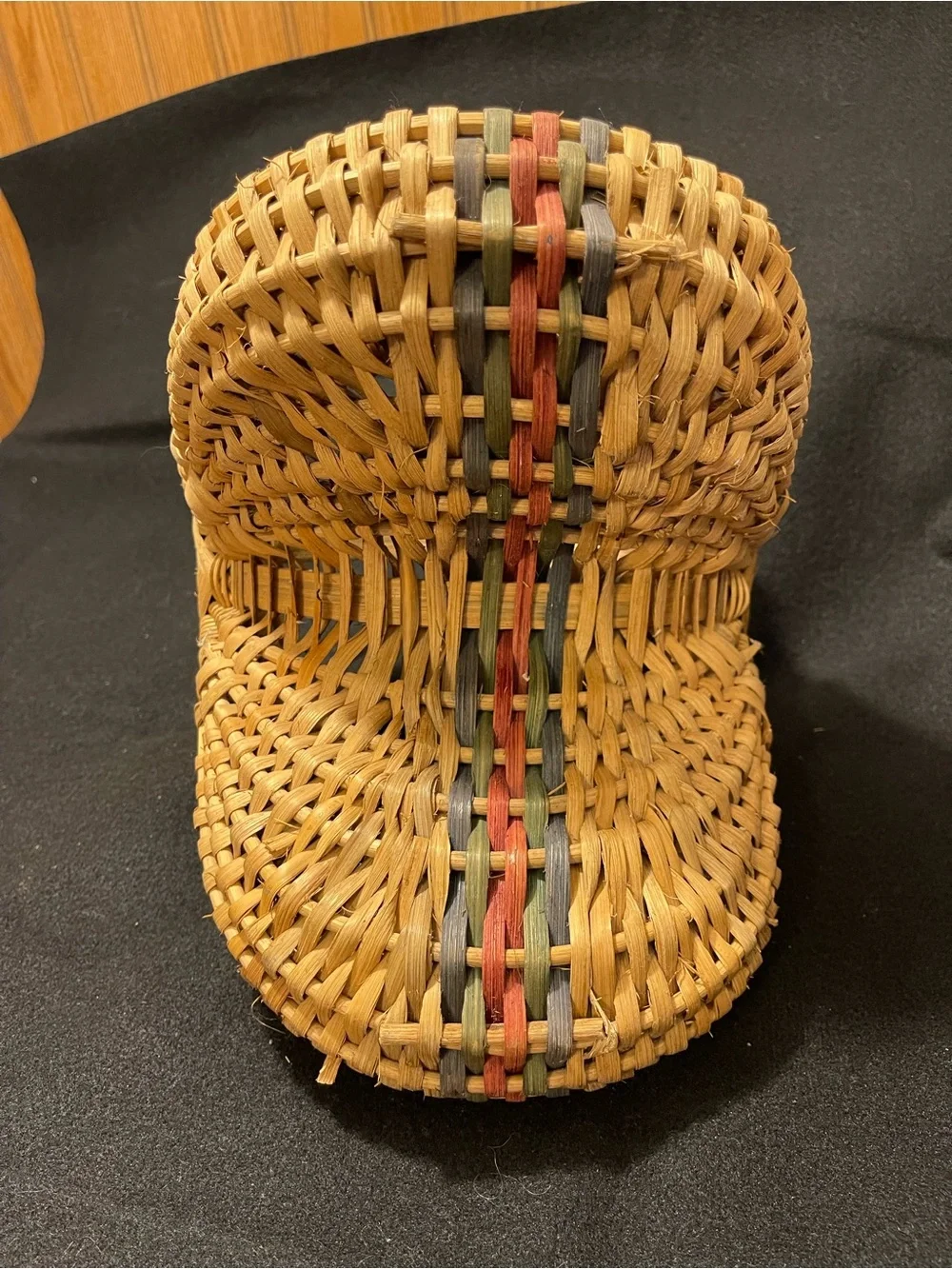 Antique Gathering Buttock Basket. Woven Natural Brown Handled Storage Basket